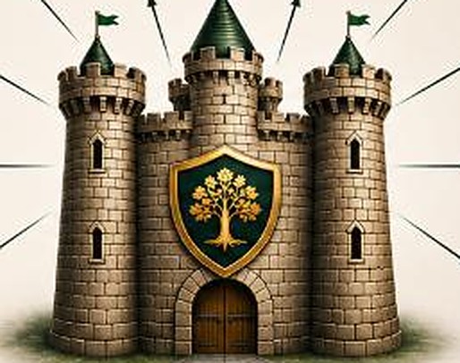 A stone castle bearing the In God You Trust oak shield
