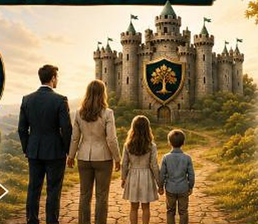 A family looking toward a castle bearing the In God You Trust shield