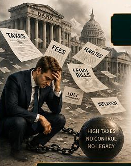 A man in a suit chained to an iron ball labeled high taxes, no control, no legacy, surrounded by bills for taxes, fees, penalties and legal bills