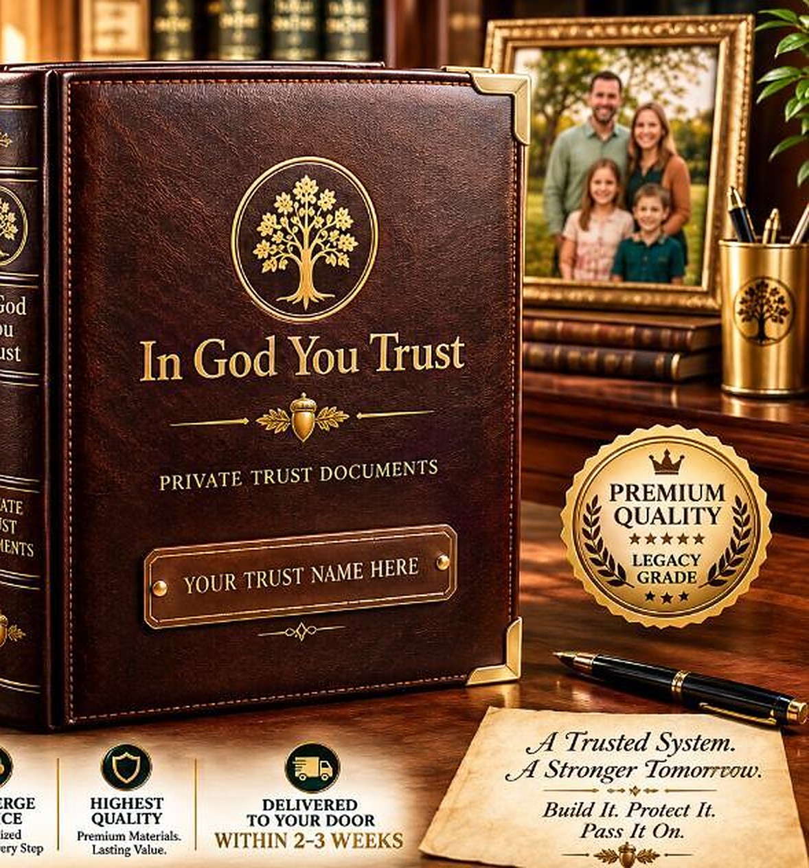 A premium leather-bound In God You Trust private trust documents binder on a desk beside a family photo