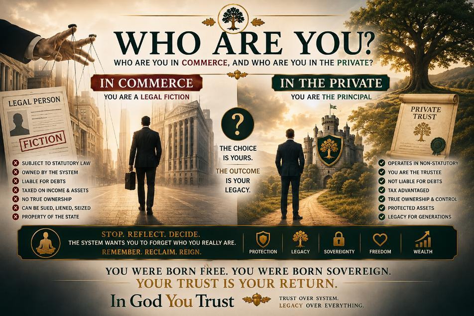 Consultation slide: Who are you? In commerce you are a legal fiction; in the private you are the principal.