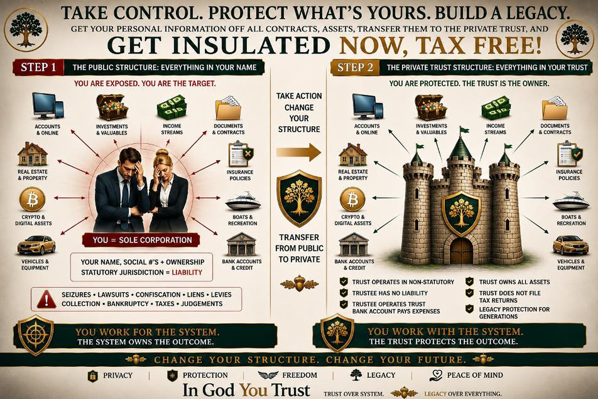 Consultation slide comparing the public structure with everything in your name against the private trust structure with everything in your trust